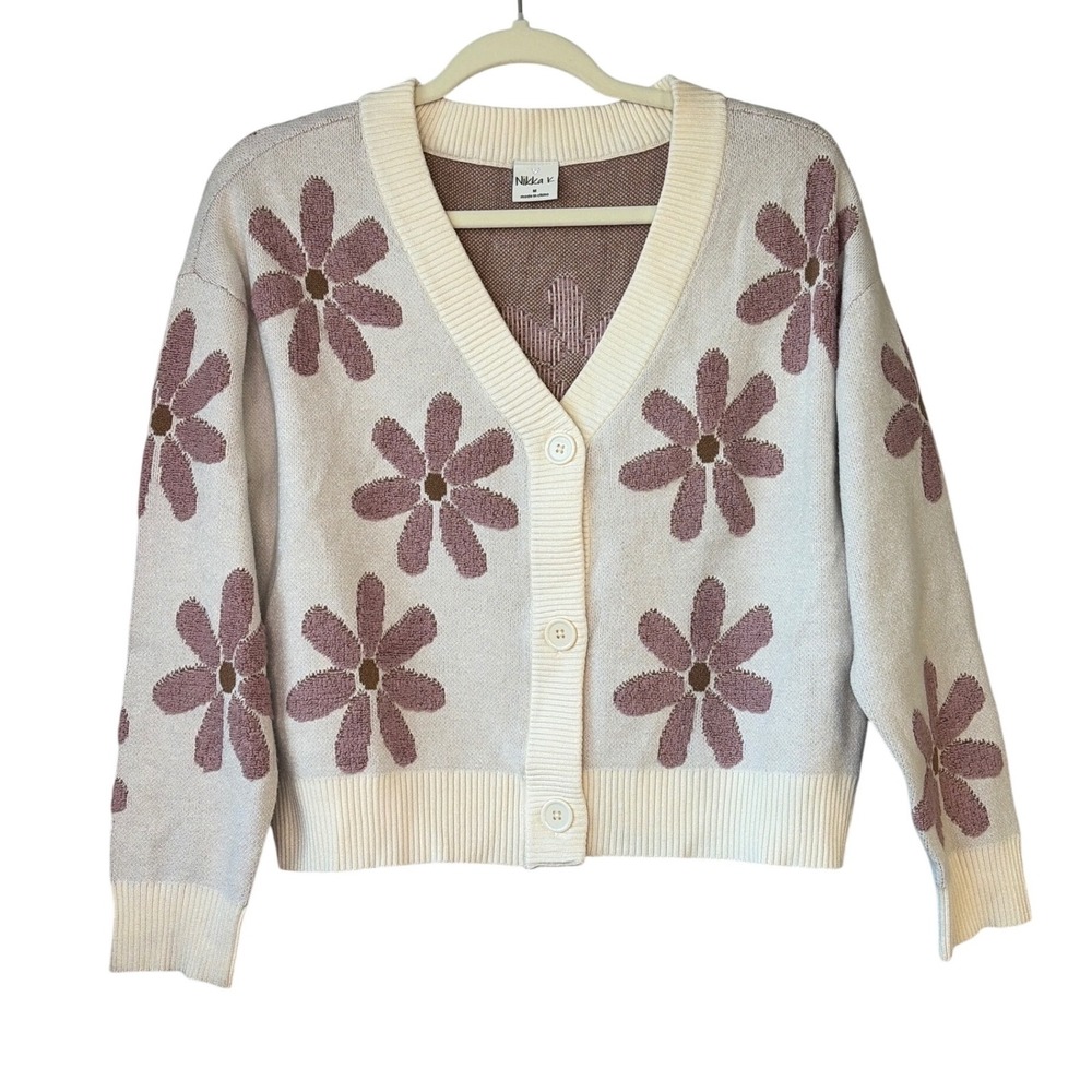 Nikka‎ K Floral Button Front Cardigan Sweater Cream Mauve NWOT Size M